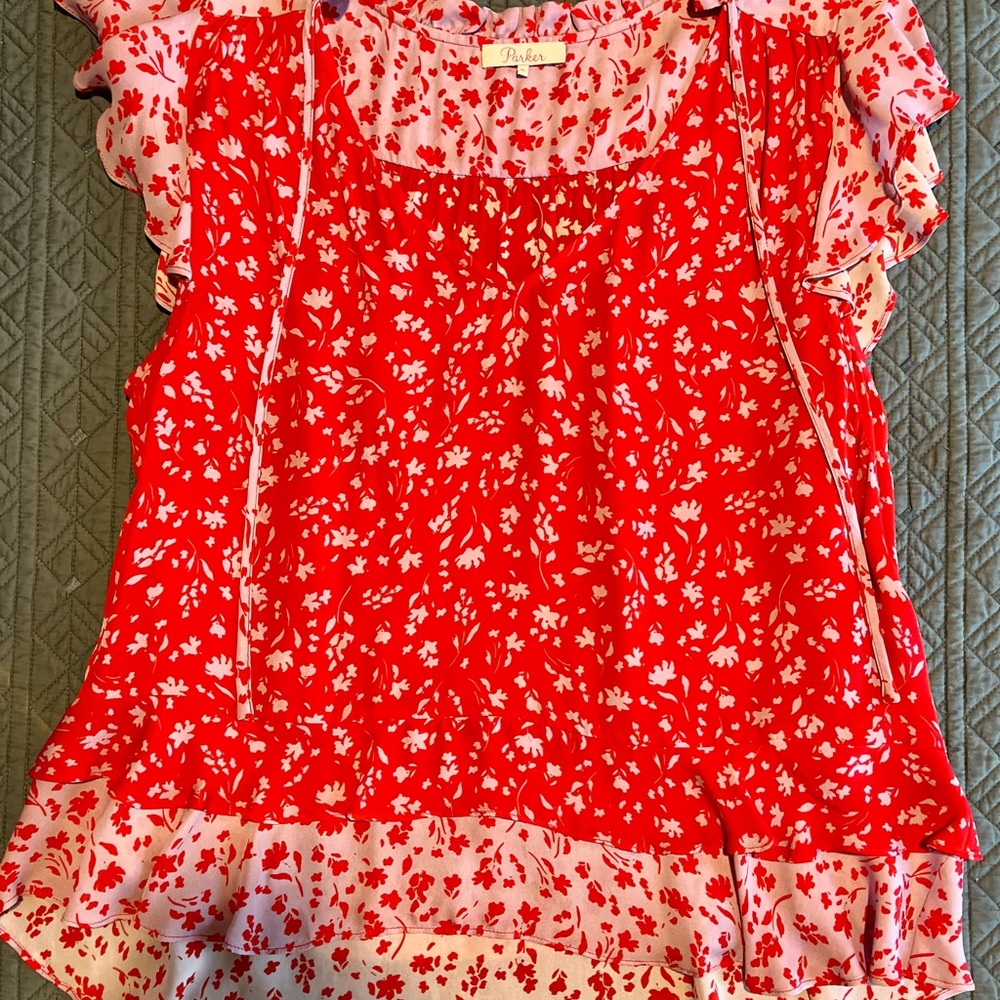 Parker Silk Red and White Floral Ruffle Sleeve Top